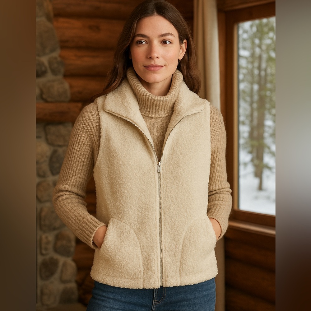 J. Jill Ivory Sherpa Fleece Vest Small Zip Front Pockets Cozy Winter Cabin
